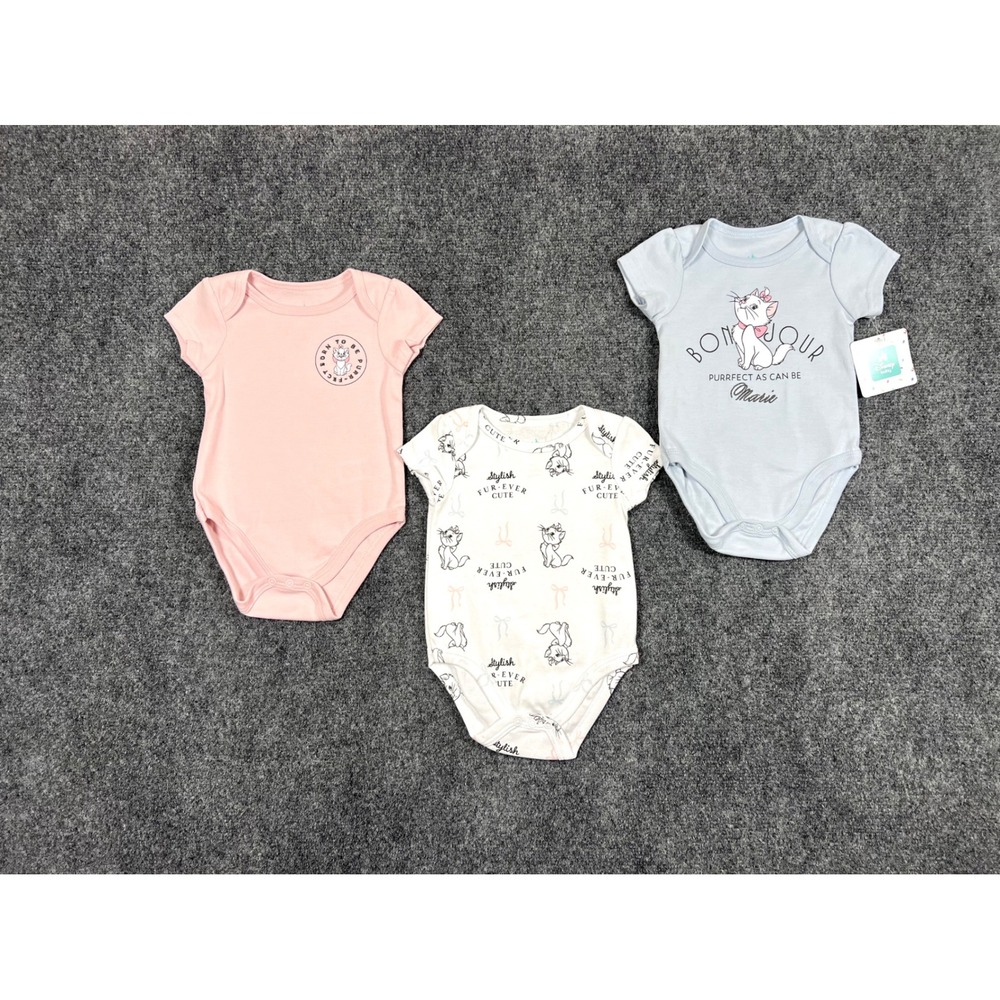 Disney Baby Aristocats Marie 3 Pack Bodysuits Pink Blue White 6-9M NWT